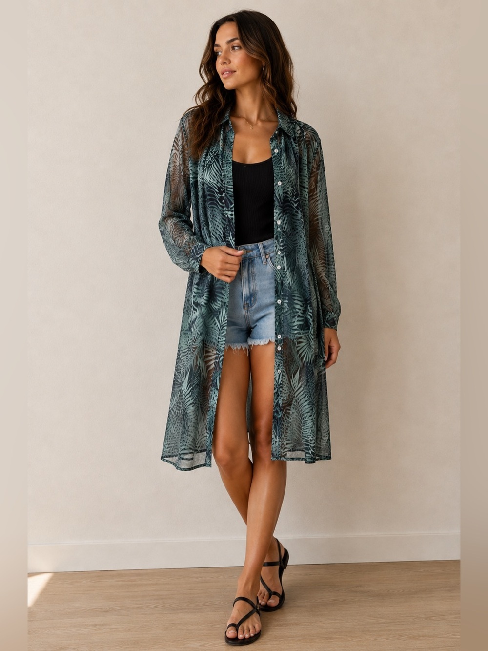 Coldwater Creek Tropical Leaf Flowing Sheer Tunic Duster medium